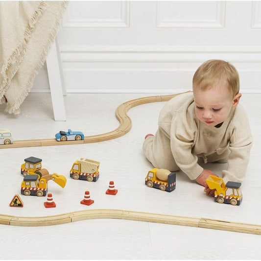 7 Piece Wood Construction Toy Cars, Trucks & Diggers Set