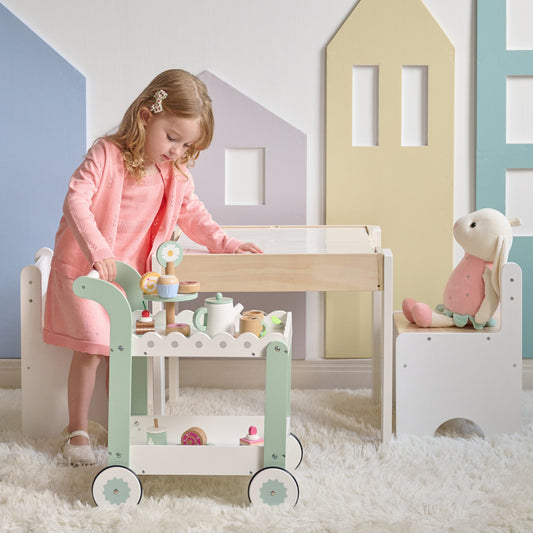 Afternoon Sip Wood Dessert Cart with 21 Pieces & Rotatable Wheels