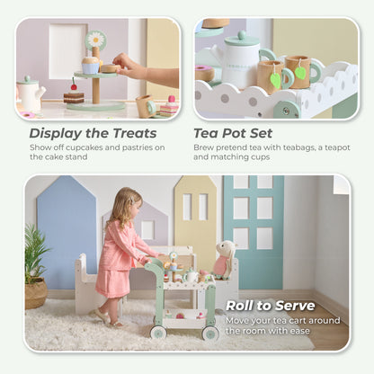 Afternoon Sip Wood Dessert Cart with 21 Pieces & Rotatable Wheels