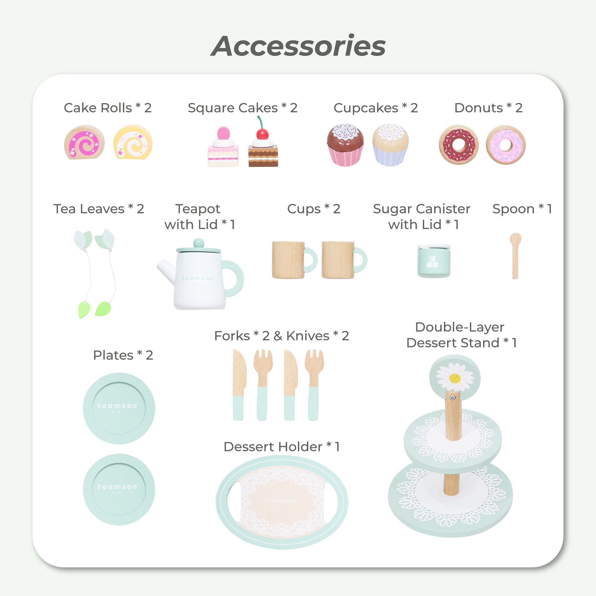 Afternoon Sip Wood Dessert Cart with 21 Pieces & Rotatable Wheels