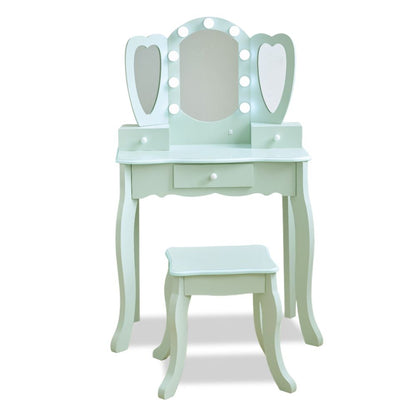 Heart Glow Wooden Vanity Set with LED Lights Mirror & Stool - Sage Green