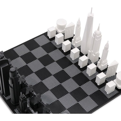 New York Versus Los Angeles Acrylic Chess Set with Black and White Wood Hatch Board