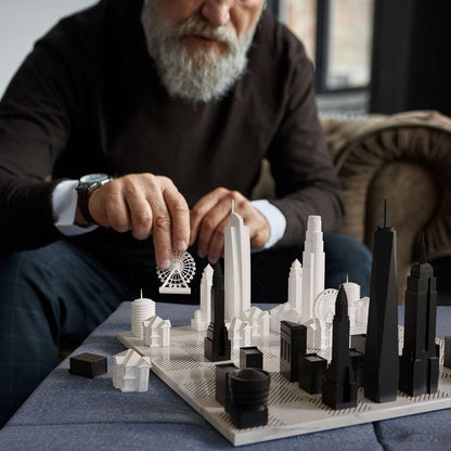New York Versus Los Angeles Acrylic Chess Set with Marble Hatch Board
