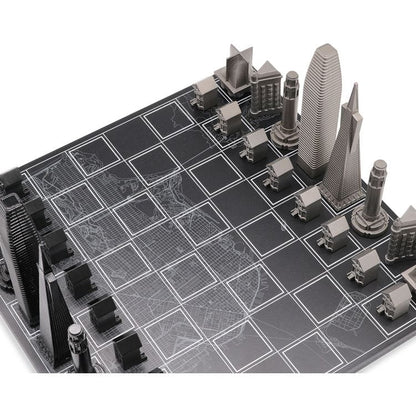 San Francisco Edition Stainless Steel Chess Set with Wood Map Board