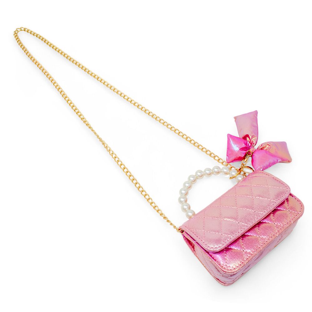 Shiny Quilted Fluffy Bow Handbag - Hot Pink