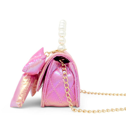 Shiny Quilted Fluffy Bow Handbag - Hot Pink