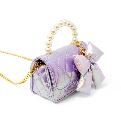 Shiny Quilted Fluffy Bow Handbag - Purple