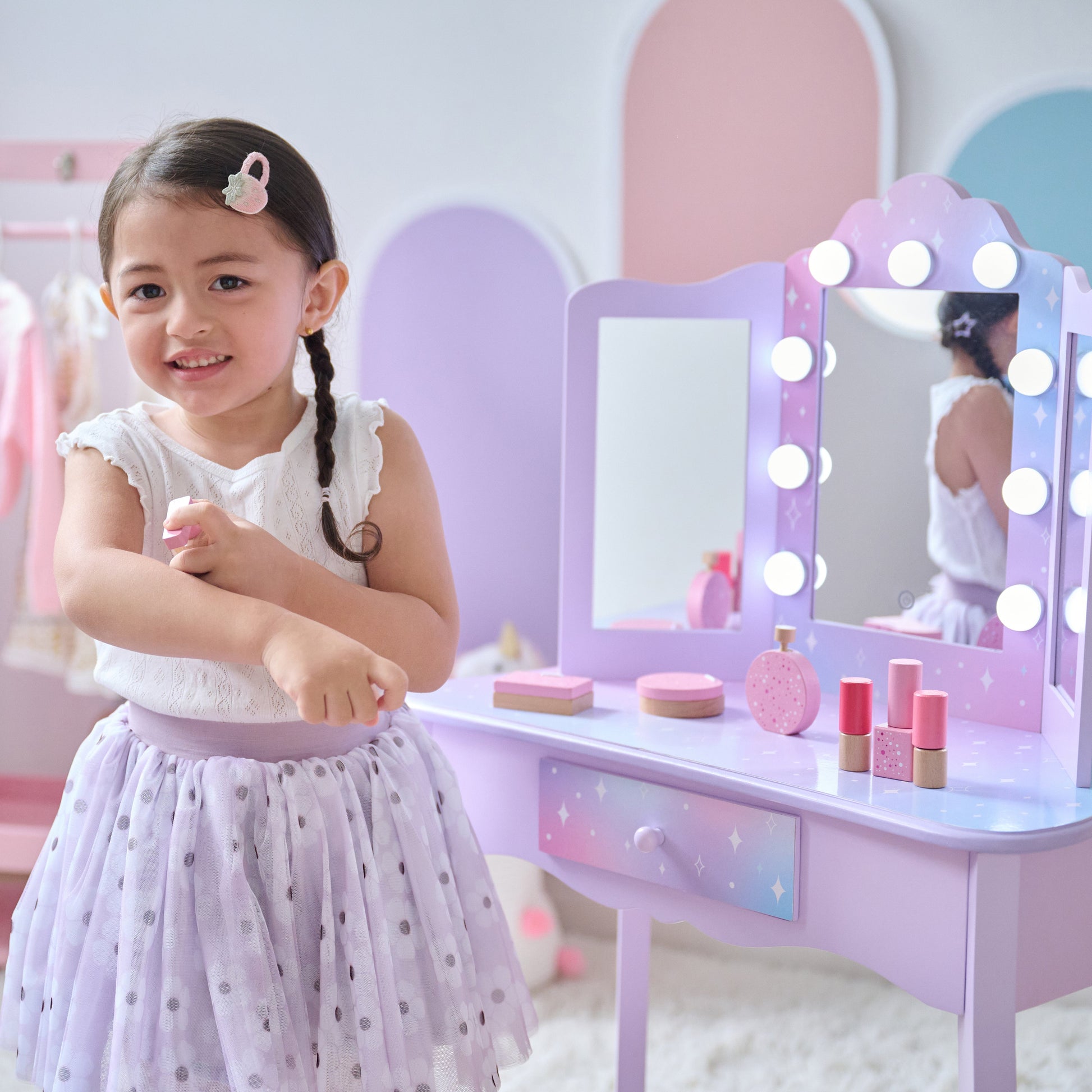Stardust Gisele Wood Vanity Table with LED Mirror & Drawer - Purple